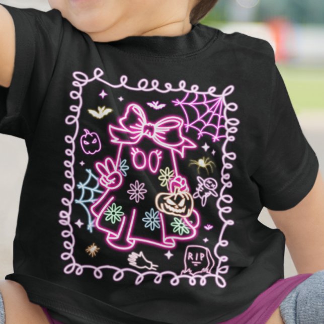 Camiseta De Bebé Cute Faux Neon Glow Halloween Fantasma Chica (Subido por el creador)
