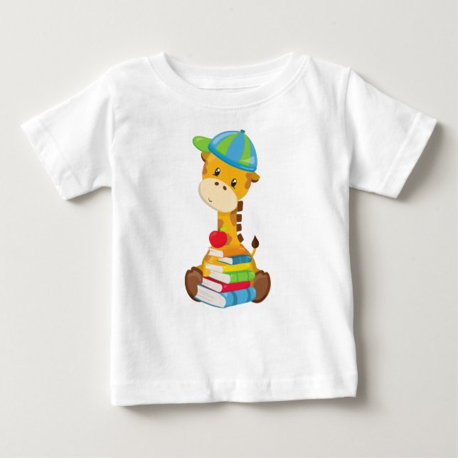 Camiseta De Bebé Cute Giraffe, Giraffe yendo a la escuela, Libros (Anverso)