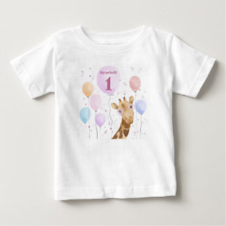 Camiseta De Bebé Cute Giraffe Globo Colorido Cumpleaños Niña