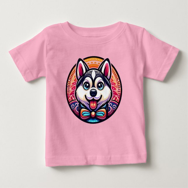 Camiseta De Bebé Cute Husky ilustrado al estilo Mandala (Anverso)