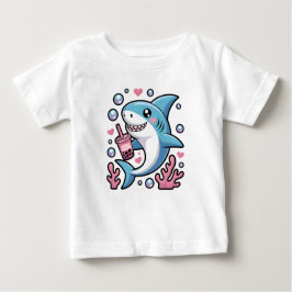 Camiseta De Bebé Cute Kawaii Blue Happy Shark Pink Bubble Tea