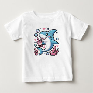 Camiseta De Bebé Cute Kawaii Blue Happy Shark Pink Bubble Tea