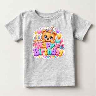 Camiseta De Bebé Cute Kawaii Feliz Cumpleaños Oso de Peluche Rosa P