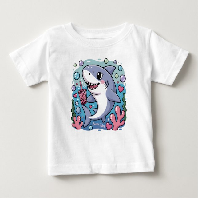 Camiseta De Bebé Cute Kawaii Tiburón que bebe batas de té Boba (Anverso)