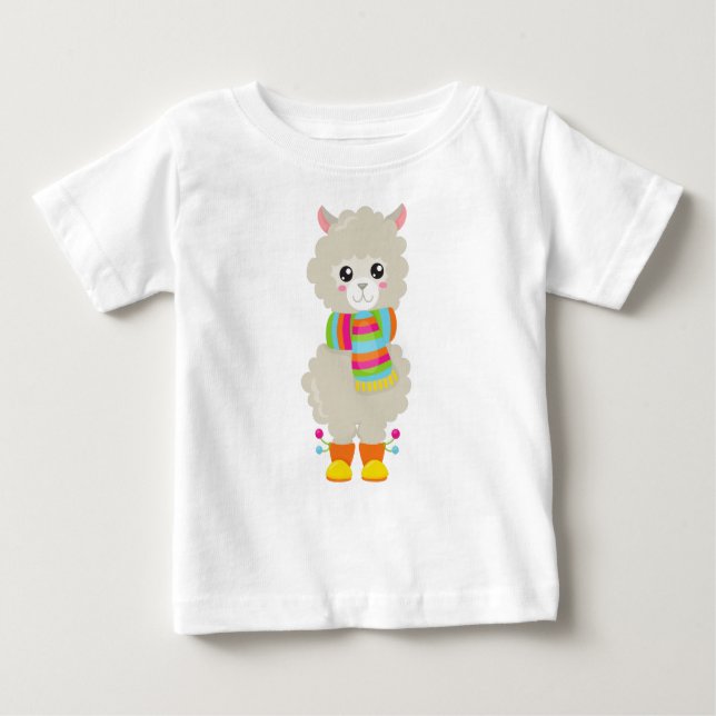 Camiseta De Bebé Cute Llama, Pequeña Llama, Alpaca, Llama Con Scarf (Anverso)