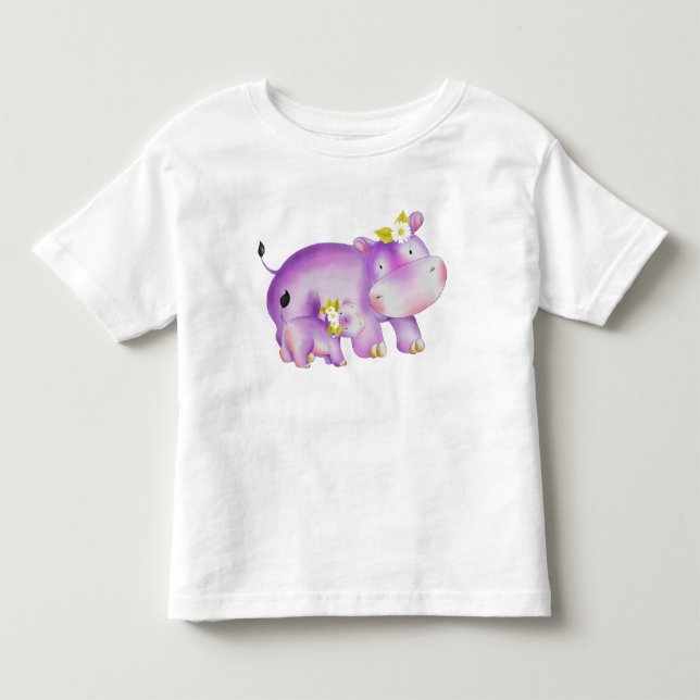 CAMISETA DE BEBÉ CUTE MAMA Y BEBÉ PURPLE HIPPO CON DAISIS (Anverso)