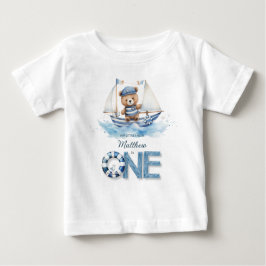 Camiseta De Bebé Cute Nautical Blue Boat Teddy Bear 1er cumpleaños