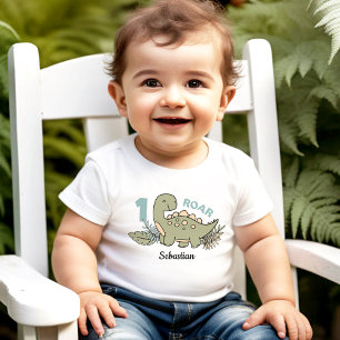 Camiseta De Bebé Cute Personalizado Dinosaur Blue Green Boy Primer 