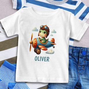 Camiseta De Bebé Cute Pilot Trex Dinosaur Volando un Avión Azul