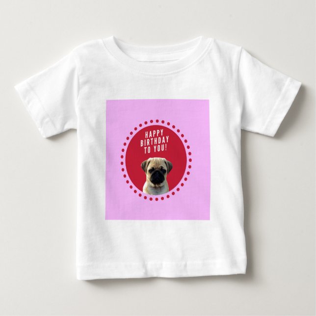 Camiseta De Bebé Cute Pug Puppy Dog Feliz cumpleaños Red Dots Pink (Anverso)