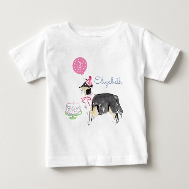 Camiseta De Bebé Cute Puppy Dog Collie Primer Pastel de Cumpleaños (Anverso)