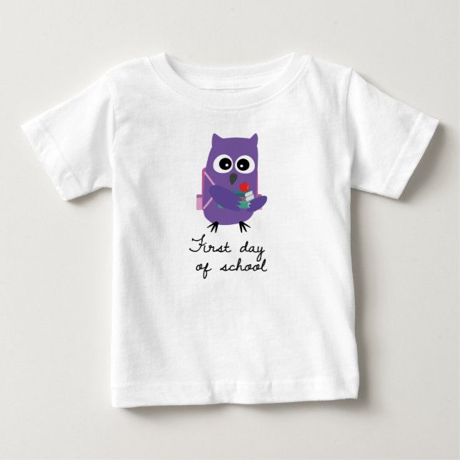 Camiseta De Bebé Cute, purple owl, owlet "First day of school" (Anverso)