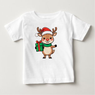 Camiseta De Bebé Cute Reno de Navidad Sosteniendo un Regalo