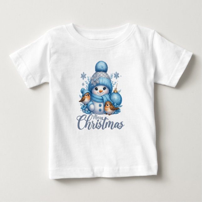 Camiseta De Bebé Cute Snowman and Winter Birds Christmas  (Anverso)