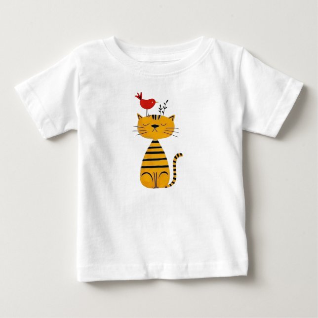 Camiseta De Bebé Cute Striped Cat and Red Bird Art (Anverso)