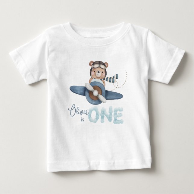 Camiseta De Bebé Cute Teddy Bear Blue Plane Un equipo de cumpleaños (Anverso)