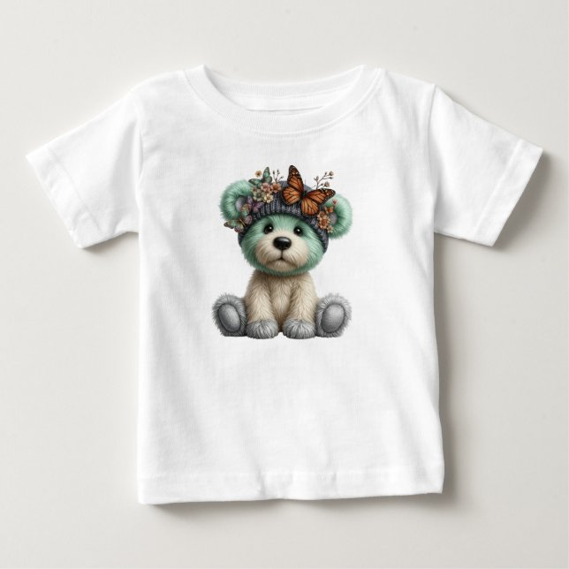 Camiseta De Bebé Cute Teddy Bear with Butterflies Floral Plush (Anverso)