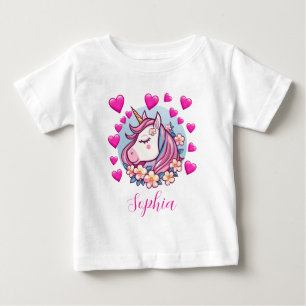 Camiseta De Bebé Cute Unicorn, Corazones y Flores Rosas, Nombre Per