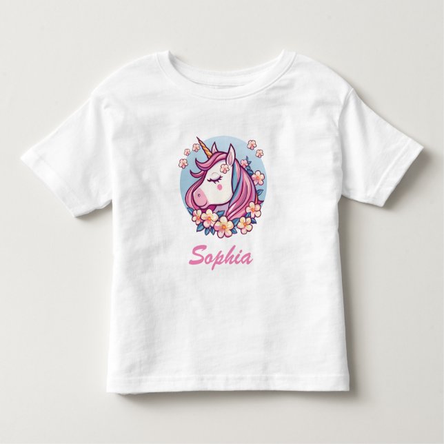 Camiseta De Bebé Cute unicornio y flores, nombre personalizado (Anverso)