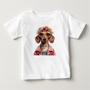 Camiseta De Bebé Dachshund floral con estilo vintage