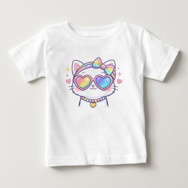 Camiseta de bebé de gato arcoíris lindo con gafas  (Anverso)