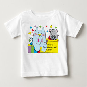 Camiseta de bebé de Hanukkah azul gato y ratón