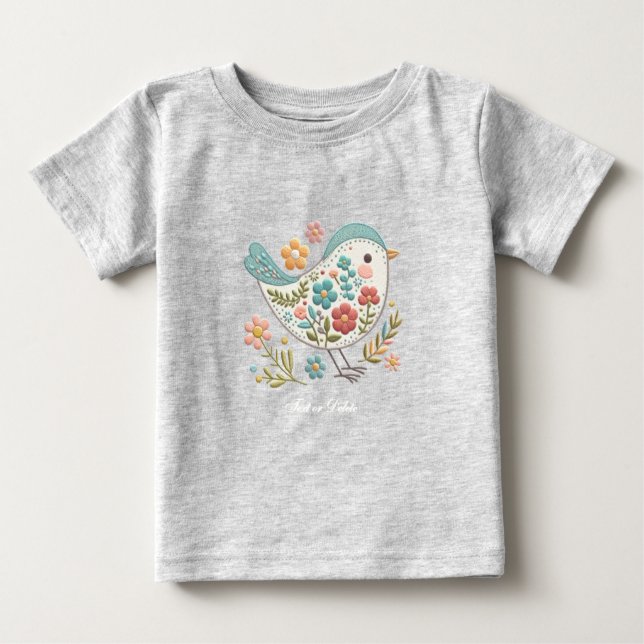 Camiseta de bebé de pajarito azul flores rosadas (Anverso)