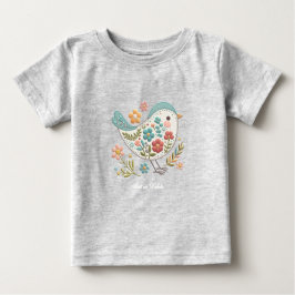 Camiseta de bebé de pajarito azul flores rosas