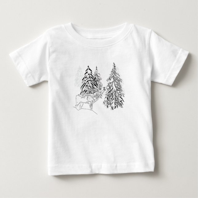 Camiseta De Bebé Deer, invierno, bosque, árboles de Navidad, monocr (Anverso)