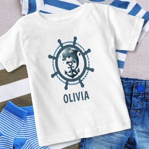 Camiseta De Bebé Delfín lindo y ancla dentro de la rueda de barco N