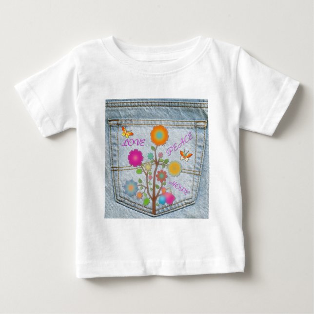 Camiseta De Bebé Denim Back Pocket Flowers Peace Love Hope (Anverso)