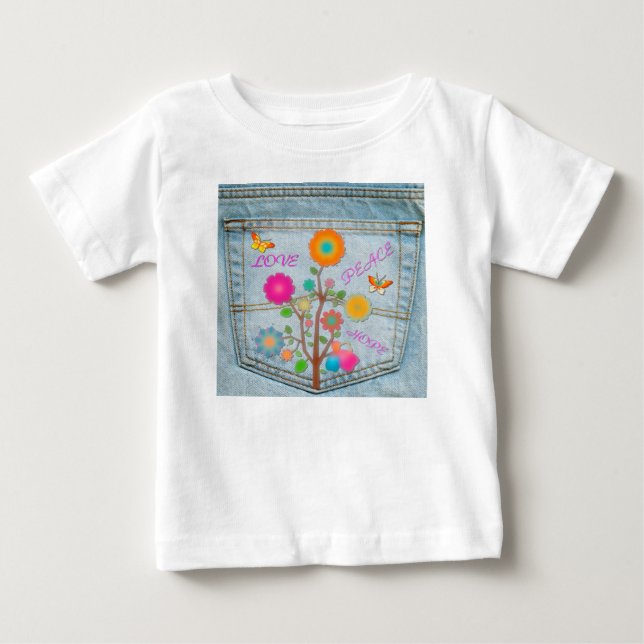 Camiseta De Bebé Denim Back Pocket Flowers Peace Love Hope (Anverso)