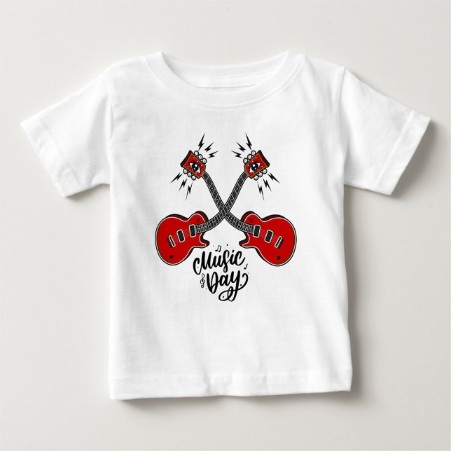 Camiseta De Bebé Día de la Música ( A playful white t-shirt featuring two red guitars.)