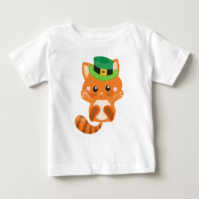 Camiseta De Bebé Día de San Patricio, gato Naranja, Gorra Leprechau (Anverso)