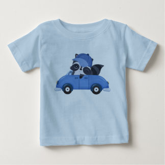 Camiseta De Bebé Dibujo Animado Mapache Coche Azul Bebé Lindo