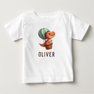 Camiseta De Bebé Dino Adorable Volando en un Globo Aerostático