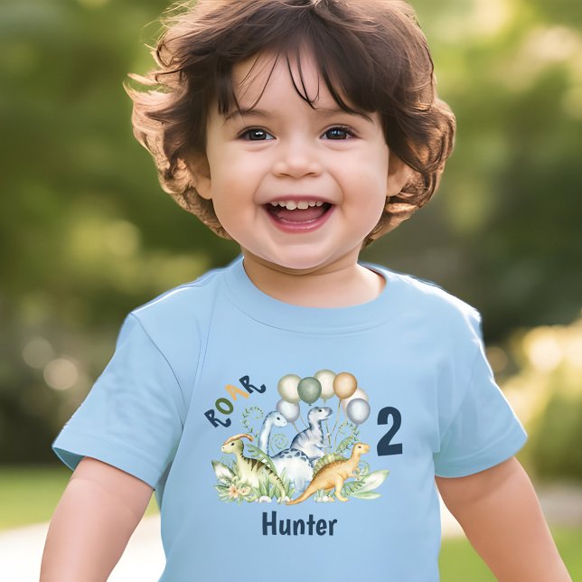 Camiseta De Bebé Dinosaur Boy Blue Green Name 2º cumpleaños (Dinosaur Boy Blue Green Name 2nd Birthday Toddler T-shirt)