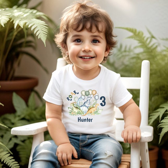 Camiseta De Bebé Dinosaur Boy Blue Green Name 3er cumpleaños (Dinosaur Boy Blue Green Name 3rd Birthday Toddler T-shirt)