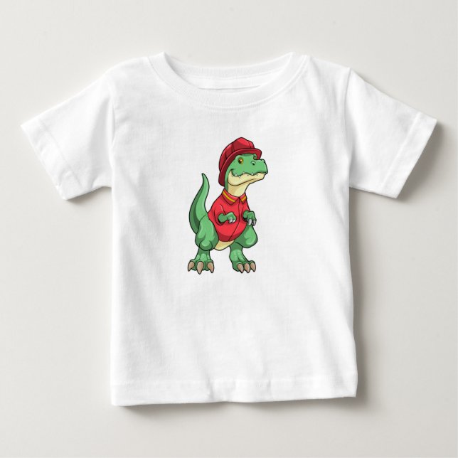 Camiseta De Bebé Dinosaurio como bombero con casco de bomberos (Anverso)