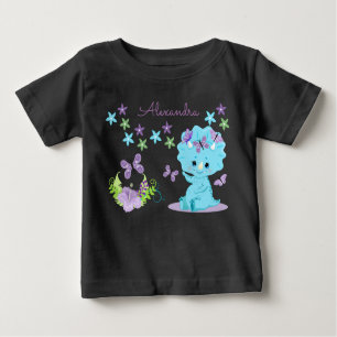 Camiseta De Bebé Dinosaurio del bebé azul floral personalizado