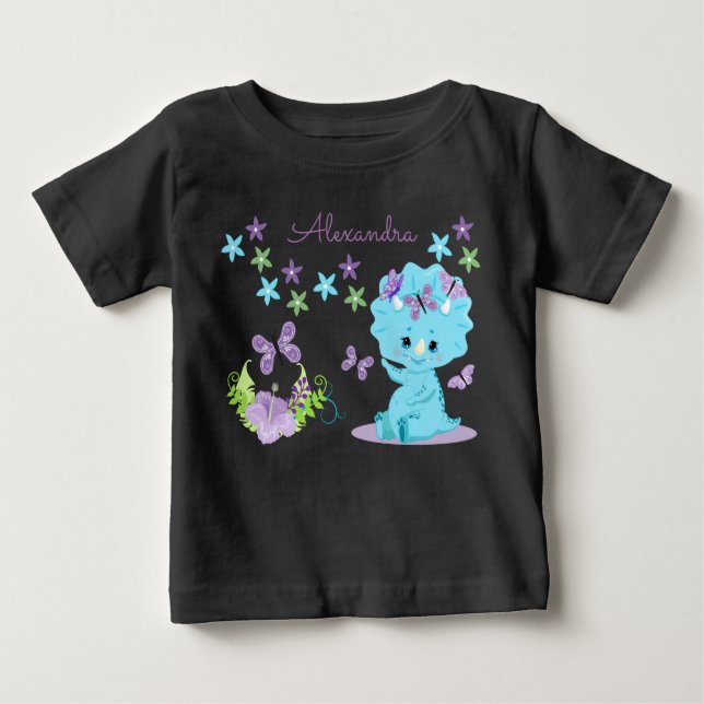 Camiseta De Bebé Dinosaurio del bebé azul floral personalizado (Anverso)