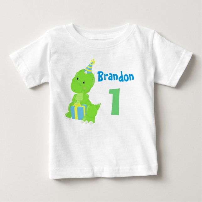 Camiseta De Bebé Dinosaurio lindo primer cumpleaños Niño Verde Azul (Anverso)