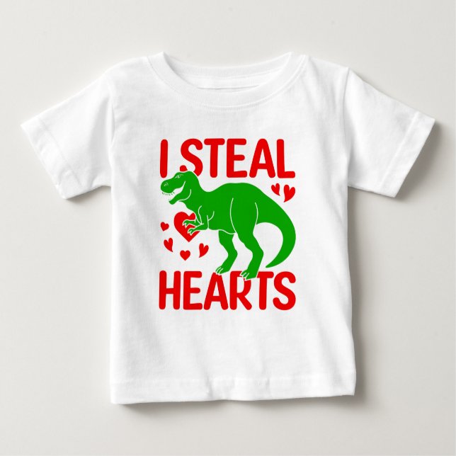 Camiseta De Bebé Dinosaurio Verde San Valentín Roba Corazones (Anverso)