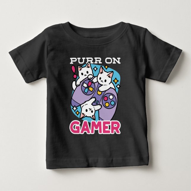 Camiseta De Bebé Diseño De Gato Gamer - Purr En El Arte De Joystick (Anverso)