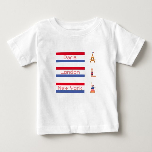 Camiseta De Bebé Diseño de iconos de Paris Lon y N.Y (Anverso)