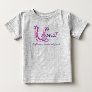 Camiseta De Bebé Doodle inicial nombre de Uma que significa púrpura