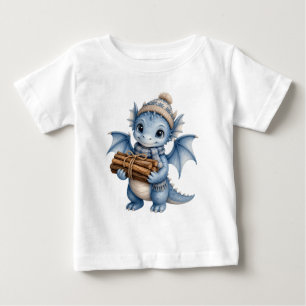 Camiseta De Bebé Dragón bebé azul lindo de invierno con leña para n