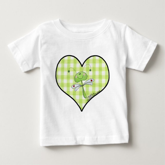 Camiseta De Bebé Dragon Fly en el corazón de gingham verde (Anverso)