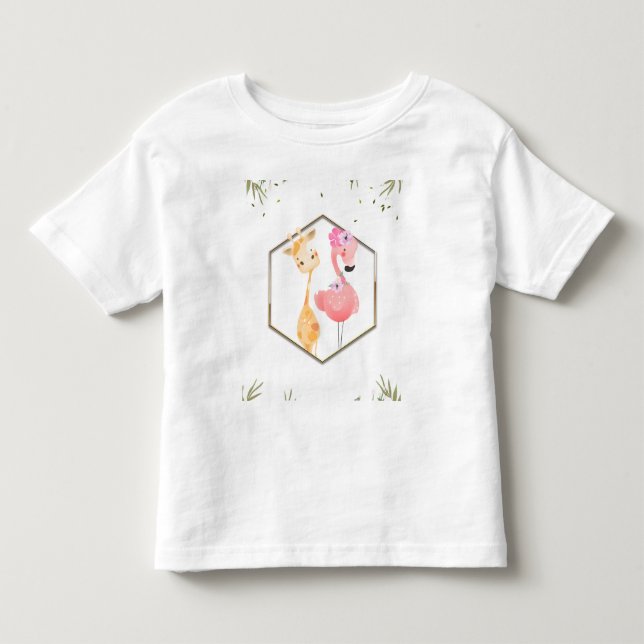 Camiseta De Bebé Ducha de Bebé Flamingo y Jirafa Acuarela Tropical (Anverso)