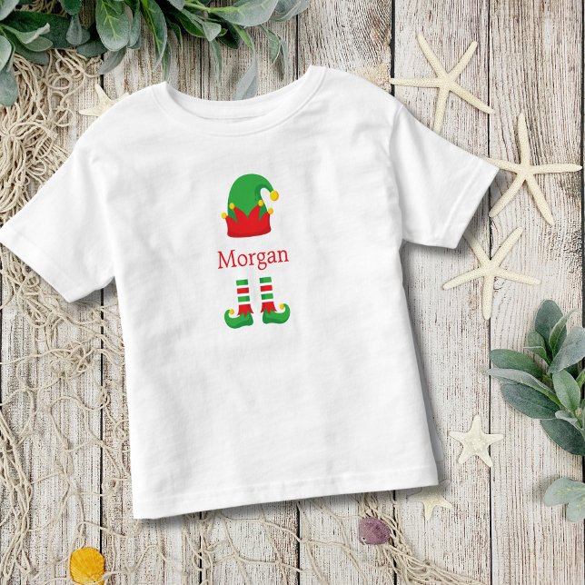 Camiseta De Bebé Duende de Navidad Monograma Rojo Verde Niños (Christmas Holiday Elf Monogrammed T-shirt for Baby  or Toddler. )